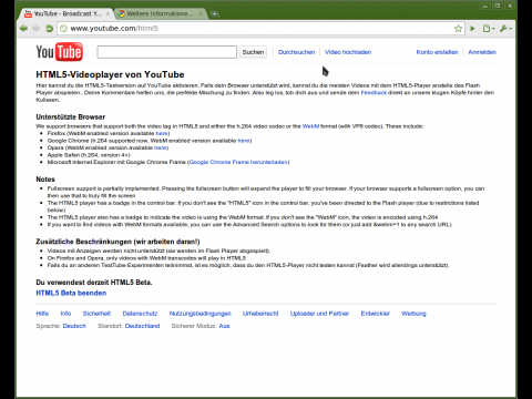 Google Chrome mit VP8-Unterstützung kann auf Youtube getestet werden.